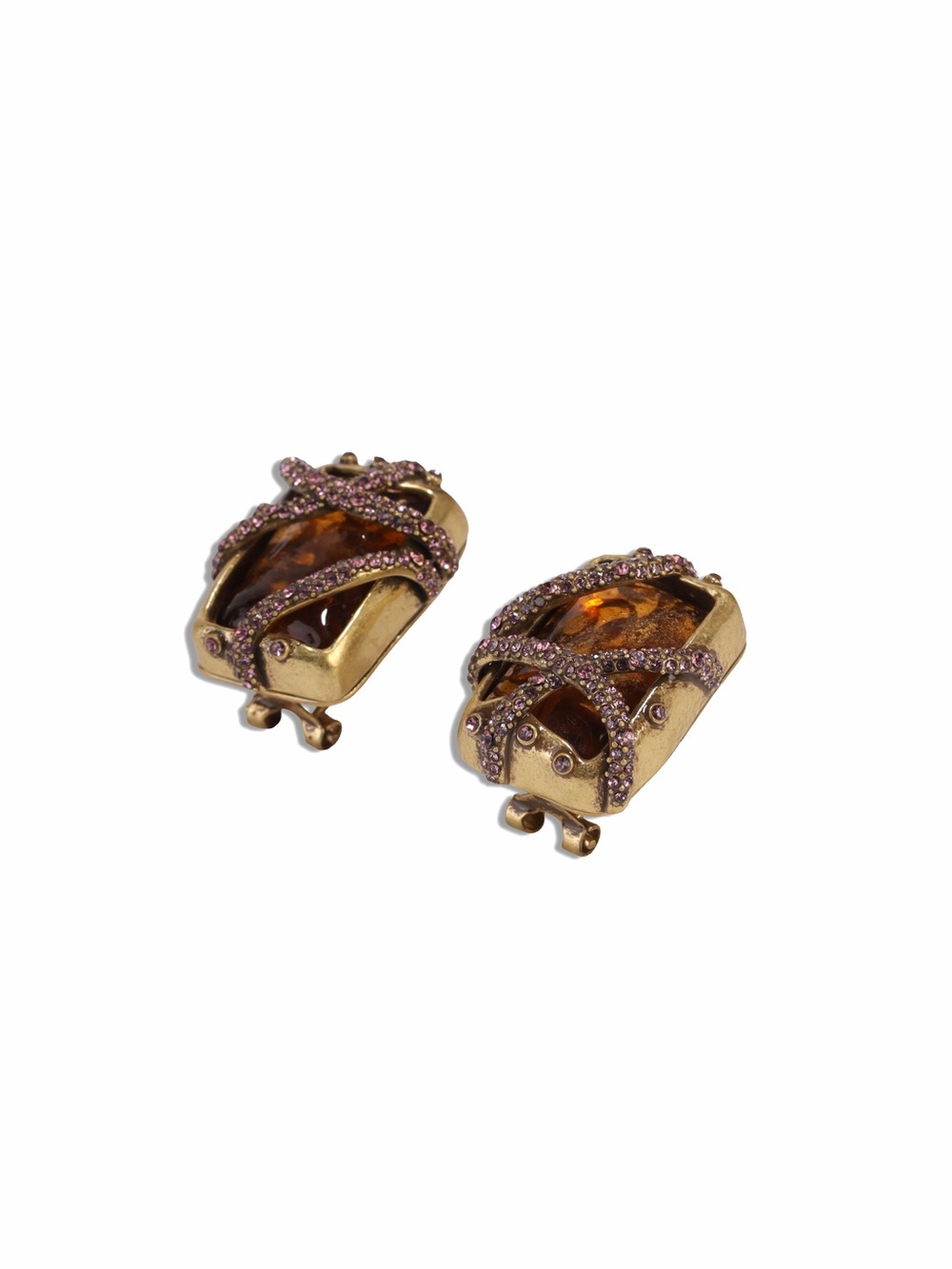 Gold-Tone Amber Glass and Pink Crystal Stud Earrings925s posts